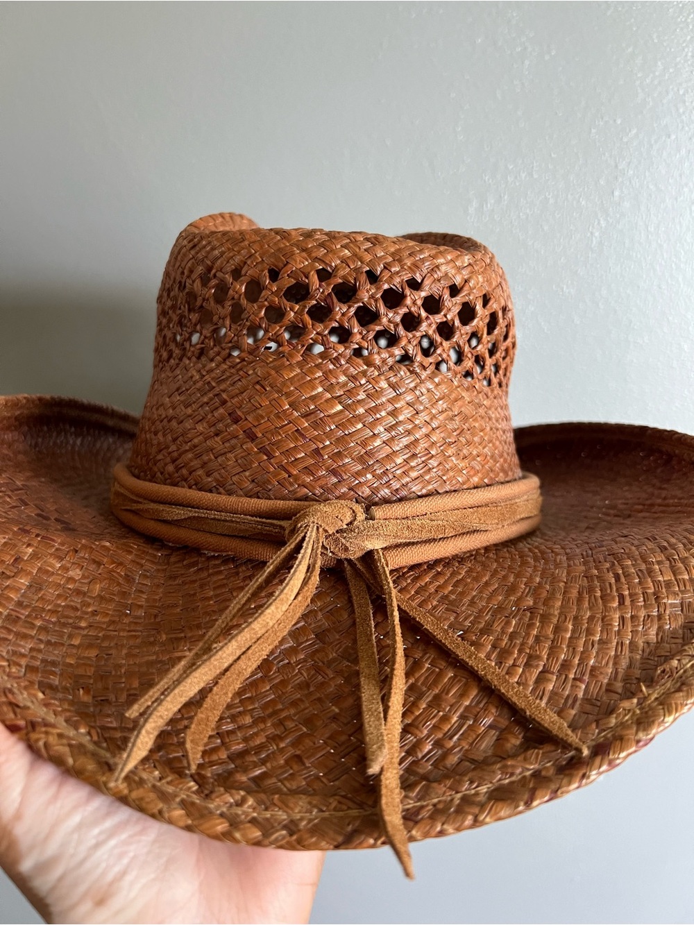 Shady Brady Brown Woven Straw Cowboy Hat with Suede Tie Large